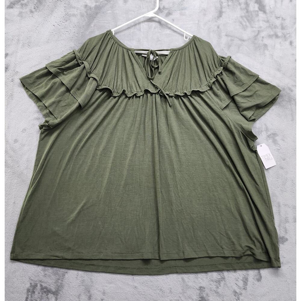 NEW Time & Tru Top Womens XXXL (22) Green‎ Gathered Ruffled Tie Flutter Sleeves